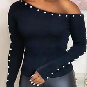 Plus Size Black Casual One Shoulder Pearl Decoration Long Sleeve Blouse